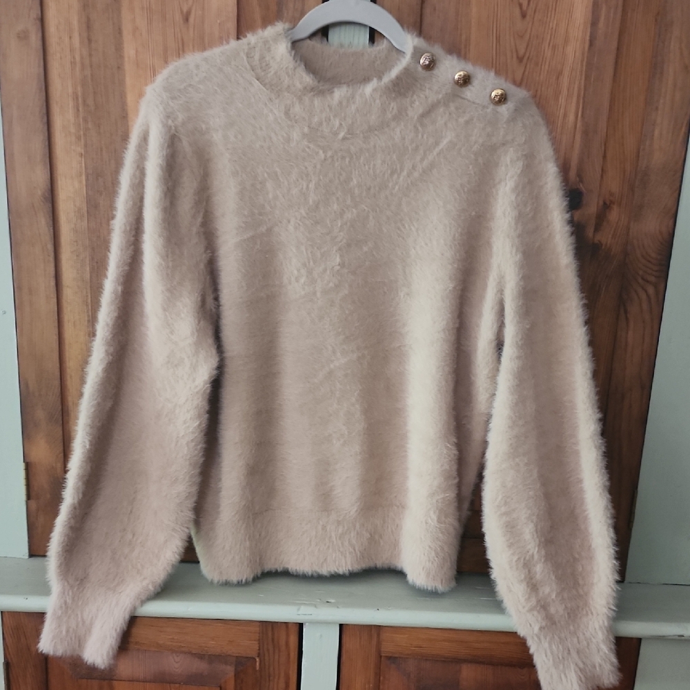 Banana Republic Fuzzy Beige Sweater with Button Accents
